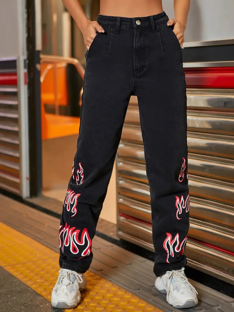 Black High Rise Straight Leg Grunge Denim Jeans for Women